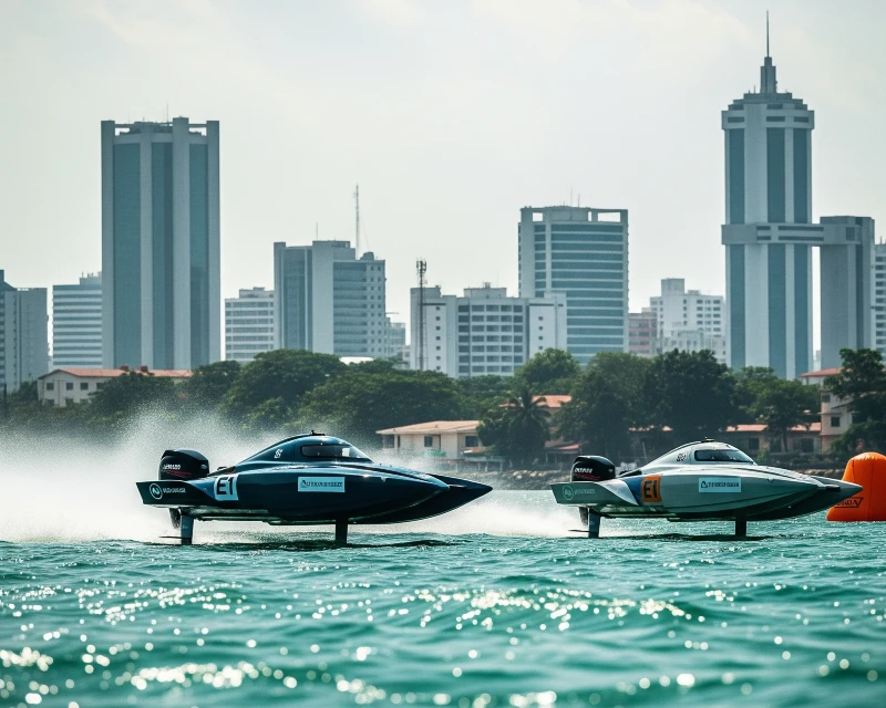 Images of Sleek E1 electric hydrofoil boats racing on the water in Lagos, Nigeria, with the city skyline in the background.