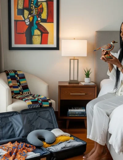 A Nigerian woman looks longingly at a souvenir after returning from vacation, symbolizing post-vacation blues.