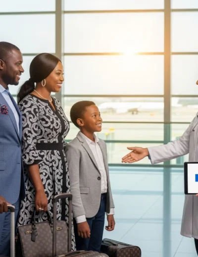 A Nigerian family with their luggage is greeted at an airport by a medical professional, representing the start of their journey for healthcare abroad.