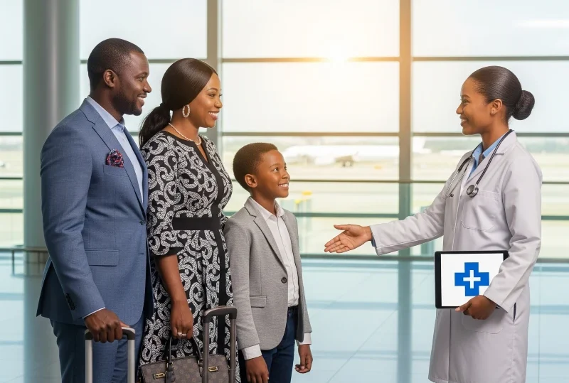 A Nigerian family with their luggage is greeted at an airport by a medical professional, representing the start of their journey for healthcare abroad.
