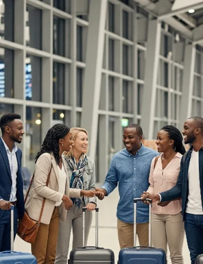 A diverse group of African people, representing different countries, are smiling and interacting in a modern airport or train station, symbolizing the unity and ease of travel promoted by the Trans-Africa Tourism and Unity Campaign.