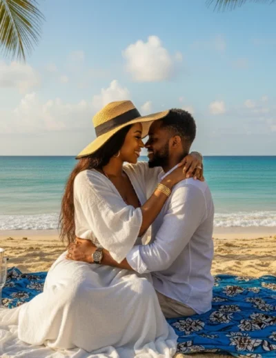 A Nigerian couple on an island honeymoon, sitting on a blanket on a tropical beach with turquoise water in the background.