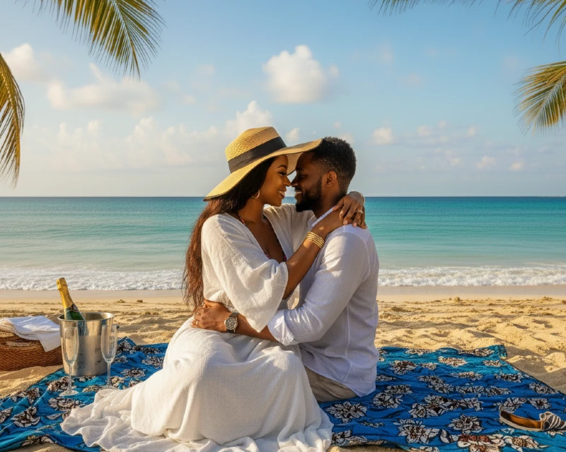 A Nigerian couple on an island honeymoon, sitting on a blanket on a tropical beach with turquoise water in the background.