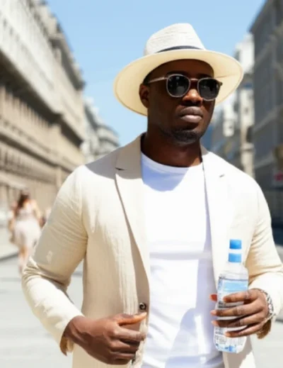 A middle-aged Nigerian man in a white t-shirt, light-colored blazer, and fedora hat, walking on a sunny European street while holding a water bottle, embodying the tips for how to deal with a European heatwave as a Nigerian.
