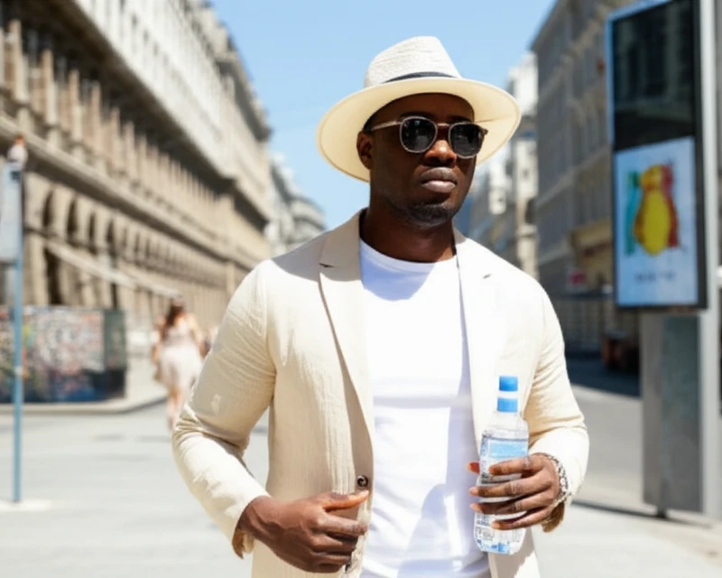 A middle-aged Nigerian man in a white t-shirt, light-colored blazer, and fedora hat, walking on a sunny European street while holding a water bottle, embodying the tips for how to deal with a European heatwave as a Nigerian.