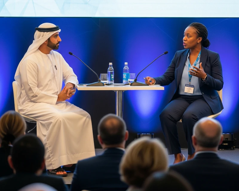 A male professional from the UAE and a female professional from a sub-Saharan African country appear to participate in a panel discussion at the UAE-Africa tourism investment summit. They AI image symbolizes business, dialogue, and collaboration between the two regions.