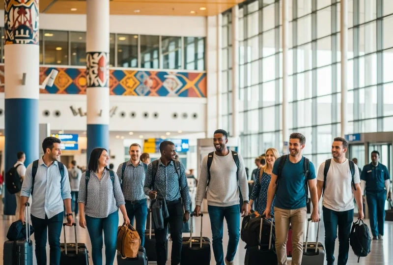 A diverse group of travelers arrives in a modern Kenyan airport, smiling and excited. They walk through the arrivals hall with their luggage. The image captures the welcoming atmosphere of Kenya as it targets 5 million tourists a year.
