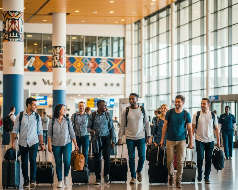 A diverse group of travelers arrives in a modern Kenyan airport, smiling and excited. They walk through the arrivals hall with their luggage. The image captures the welcoming atmosphere of Kenya as it targets 5 million tourists a year.