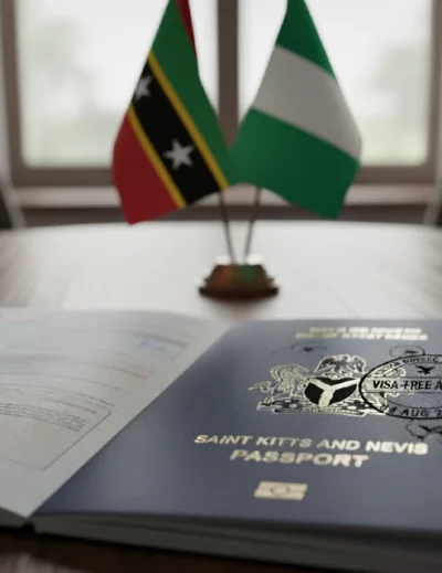 An open St. Kitts and Nevis passport rests on a wooden desk. A Nigerian visa stamp is visible on the passport, marked "VISA-FREE ACCESS." In the background, small desk flags of Nigeria and St. Kitts and Nevis stand side-by-side
