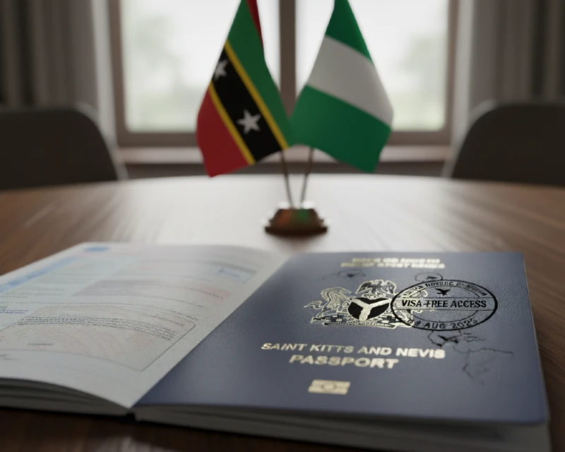 An open St. Kitts and Nevis passport rests on a wooden desk. A Nigerian visa stamp is visible on the passport, marked "VISA-FREE ACCESS." In the background, small desk flags of Nigeria and St. Kitts and Nevis stand side-by-side