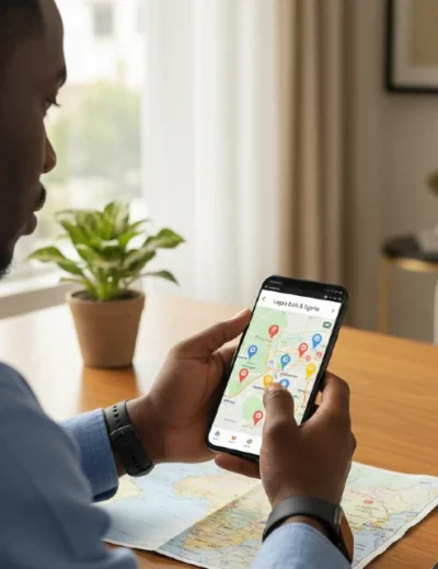 A man holds a mobile phone, studying the digital map in it. It signifies preparation to use the maps ahead of travel