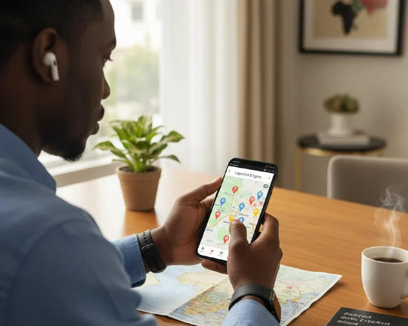 A man holds a mobile phone, studying the digital map in it. It signifies preparation to use the maps ahead of travel
