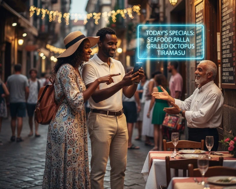 A Nigerian couple in a foreign country. A woman holds a smartphone to a street sign using a translation app. Her partner stands beside her, looking at the screen, as they successfully navigate a non-English speaking environment.