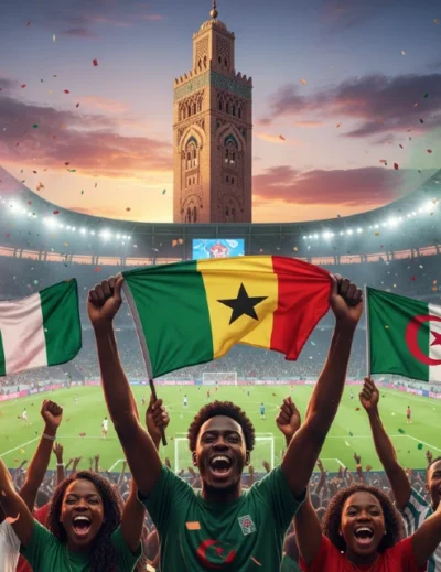 image shows african football fans decked in the country jerseys and holding flags
