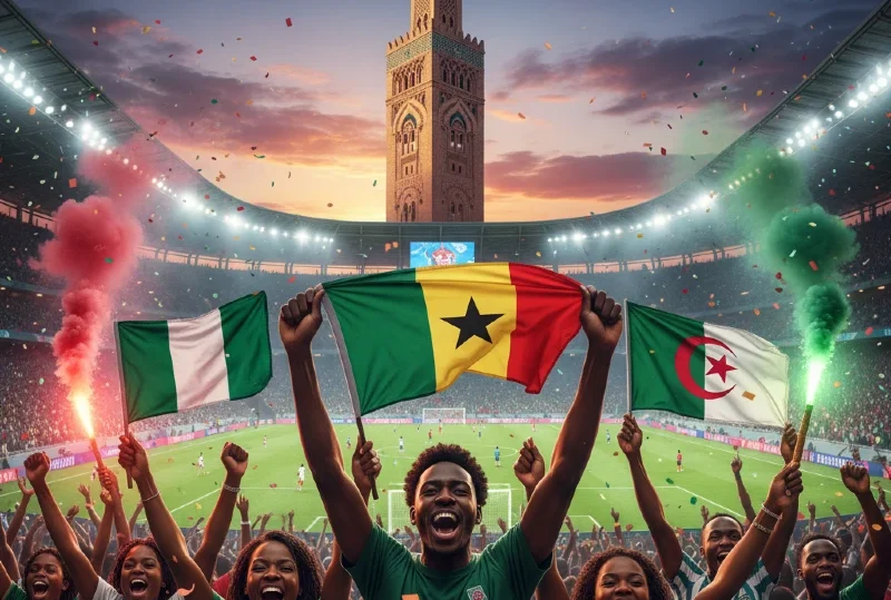 image shows african football fans decked in the country jerseys and holding flags