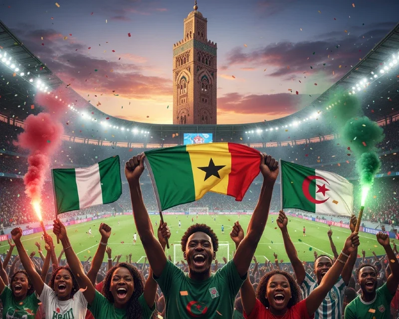 image shows african football fans decked in the country jerseys and holding flags