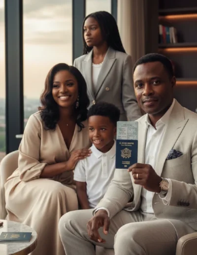 A Nigerian family—a father, mother, and two children (a teenager and a younger child)—stands together in a sleek, modern setting. The father holds a St. Kitts and Nevis passport. The family's confident and serene expressions convey a sense of security and global mobility.