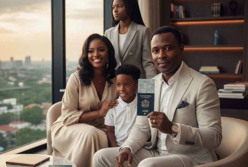 A Nigerian family—a father, mother, and two children (a teenager and a younger child)—stands together in a sleek, modern setting. The father holds a St. Kitts and Nevis passport. The family's confident and serene expressions convey a sense of security and global mobility.