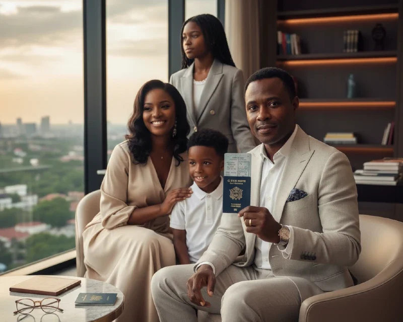A Nigerian family—a father, mother, and two children (a teenager and a younger child)—stands together in a sleek, modern setting. The father holds a St. Kitts and Nevis passport. The family's confident and serene expressions convey a sense of security and global mobility.