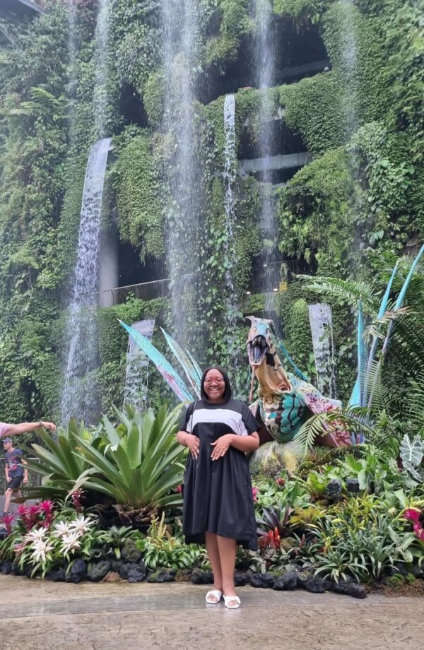 "A cheerful woman in a stylish outfit stands before a majestic waterfall surrounded by lush greenery, part of the Christmas in Singapore Package."