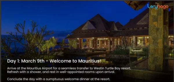 "Night view of Westin Turtle Bay Resort, your premier destination for the Mauritius Luxury Conference Retreat on www.leryhago.com"