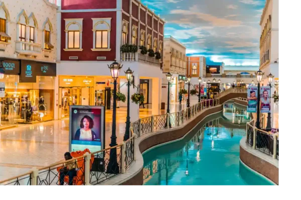 "Elegant indoor canal at Villagio Mall in Doha resembling Venice, offered in the exclusive Qatar Doha Package at www.leryhago.com."