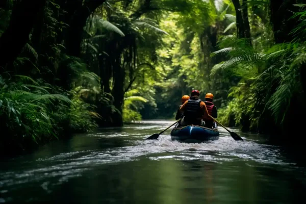 Kayaking in river under lush trees, Vietnam.