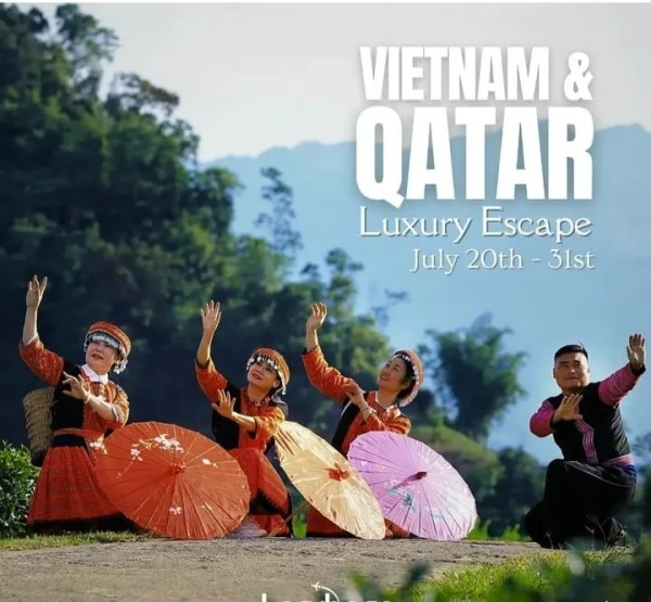 Traditional Vietnamese dancers with parasols in a scenic landscape, promoting Vietnam & Qatar Luxury Escape from July 20th to 31st.