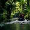 Adventurers kayaking through a lush, green jungle river, surrounded by dense foliage.