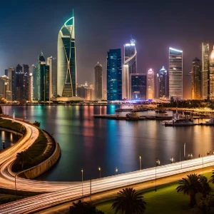 "A vibrant nighttime view of Qatar's skyscrapers reflecting on the waterfront, with light trails from passing cars and a serene marina."