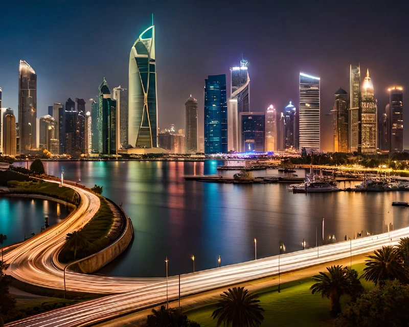 "A vibrant nighttime view of Qatar's skyscrapers reflecting on the waterfront, with light trails from passing cars and a serene marina."