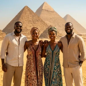 A mixed group of Four young africans pose in front of the pyramids in Giza, Egpyt.