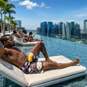 A group of tourists louging on pool chairs in a rooftop infinity pool in singapore