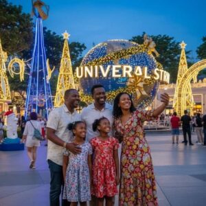 An african family of 4 taking a family selfie in fronot of the universal studios globe in Singapore