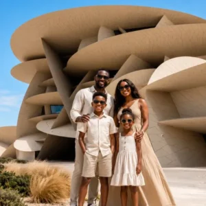 A family taking a picture in front of the National Museum of Qatar