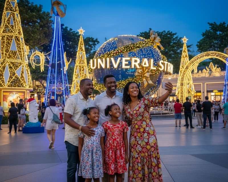 An african family of 4 taking a family selfie in fronot of the universal studios globe in Singapore
