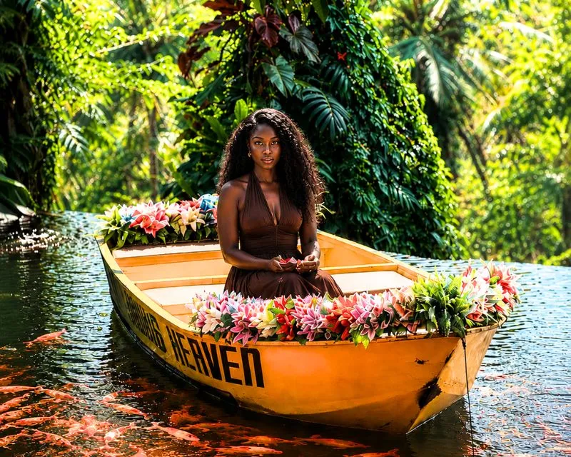 A young African lady sitting in a boat surrounded by Koi fish