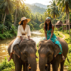 two happy african women in their late twenties sitting on elephants in Thailand