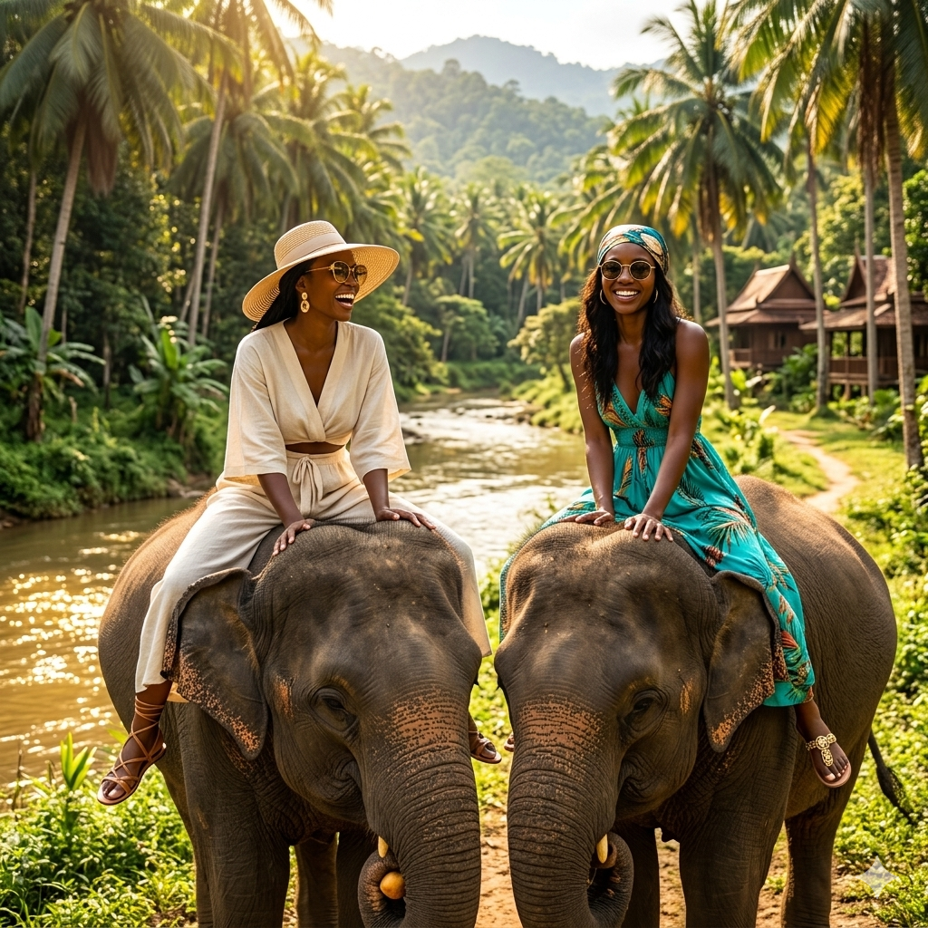 two happy african women in their late twenties sitting on elephants in Thailand