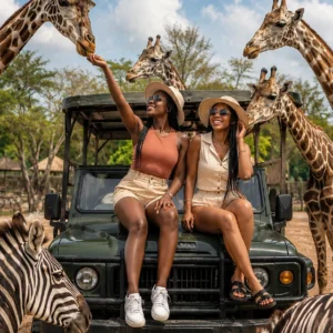 two african ladies sitting on a safari vehicle in Thailand
