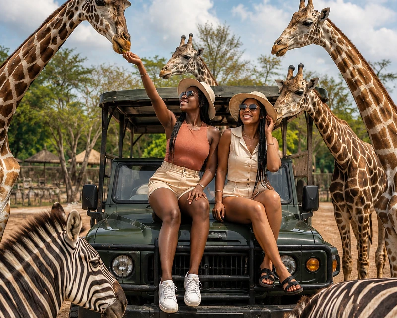 two african ladies sitting on a safari vehicle in Thailand